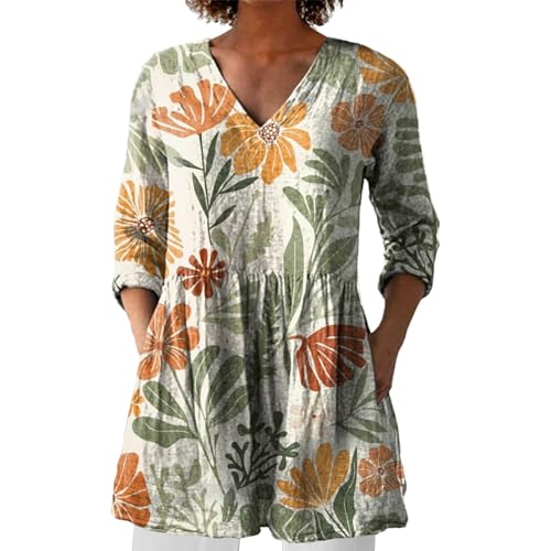 Zalando Blusenshirt Damen Sommer Longbluse Blumen Leinenbluse für Damen Oberteil Sommerkleid Boho Longpullover V Ausschnitt Maxibluse Hawaii Urlaub Strand Uv T Shirt Langarm Loose Fit von BOTCAM
