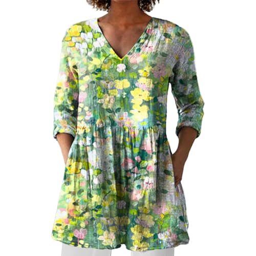 Zalando Blusenshirt Damen Sommer Longbluse Blumen Leinenbluse für Damen Oberteil Sommerkleid Boho Longpullover V Ausschnitt Maxibluse Hawaii Urlaub Strand Uv T Shirt Langarm Loose Fit von BOTCAM