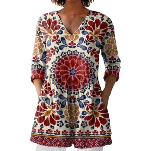 Zalando Blusenshirt Damen Sommer Longbluse Blumen Leinenbluse für Damen Oberteil Sommerkleid Boho Longpullover V Ausschnitt Maxibluse Hawaii Urlaub Strand Uv T Shirt Langarm Loose Fit von BOTCAM