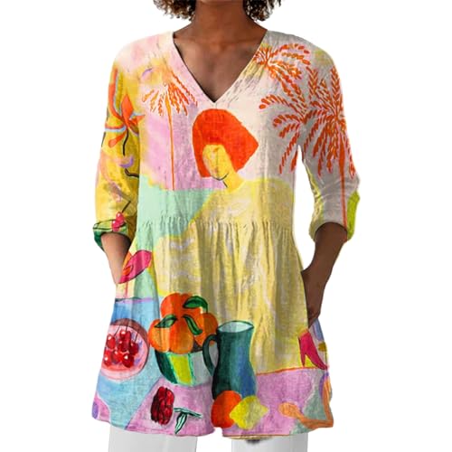 Zalando Blusenshirt Damen Sommer Longbluse Blumen Leinenbluse für Damen Oberteil Sommerkleid Boho Longpullover V Ausschnitt Maxibluse Hawaii Urlaub Strand Uv T Shirt Langarm Loose Fit von BOTCAM