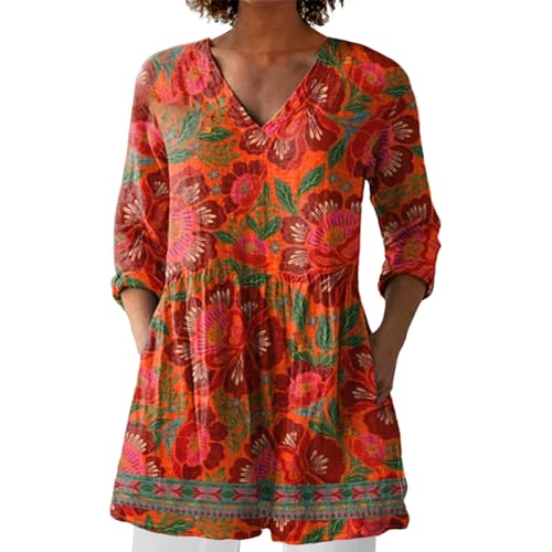 Blusenshirt Damen Sommer Longbluse Blumen Leinenbluse für Damen Oberteil Sommerkleid Boho Longpullover V Ausschnitt Maxibluse Hawaii Urlaub Strand Uv T Shirt Langarm Loose Fit von BOTCAM