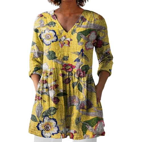 Blusenshirt Damen Sommer Longbluse Blumen Leinenbluse für Damen Oberteil Sommerkleid Boho Longpullover V Ausschnitt Maxibluse Hawaii Urlaub Strand Uv T Shirt Langarm Loose Fit von BOTCAM