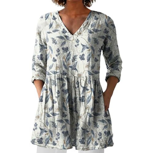 naturequeens Blusenshirt Damen Sommer Longbluse Blumen Leinenbluse für Damen Oberteil Sommerkleid Boho Longpullover V Ausschnitt Maxibluse Hawaii Urlaub Strand Uv T Shirt Langarm Loose Fit von BOTCAM