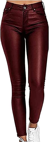 BOTIZR Damen Lederimitat Kunstleder-Hose Glanz High-Waist Hoher Bund Leggings Stretch Coated Lederhose Damen Sporthosen (Color : Red Wine, Size : L) von BOTIZR