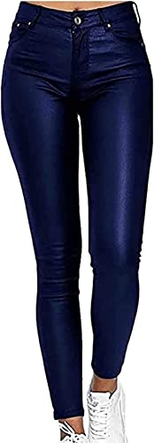 Damen Lederimitat Kunstleder-Hose Glanz High-Waist Hoher Bund Leggings Stretch Coated Lederhose Damen Sporthosen (Color : Blue, Size : L) von BOTIZR