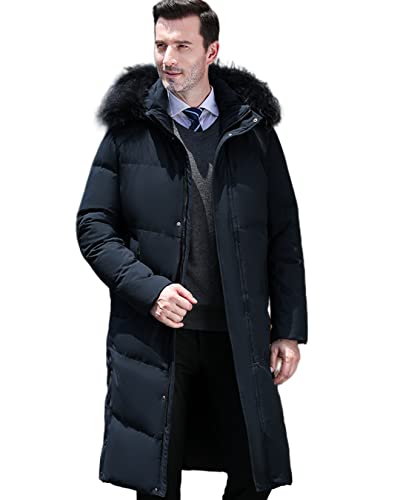 BOTOWI Herren Lange Puffer Jacke mit Abnehmbarer Kapuze und Pelzkragen, Winter Parka gepolsterter Steppmantel, 90% weiße Entendaunen Füllung, Über-Knie Länge,Blau,XXL von BOTOWI