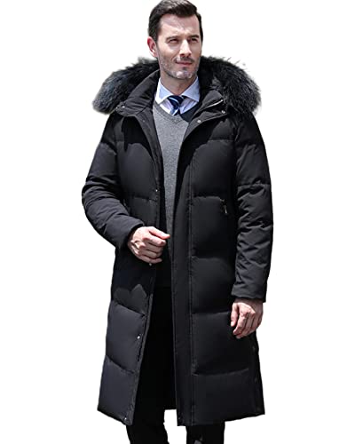 BOTOWI Herren Lange Puffer Jacke mit Abnehmbarer Kapuze und Pelzkragen, Winter Parka gepolsterter Steppmantel, 90% weiße Entendaunen Füllung, Über-Knie Länge,Schwarz,L von BOTOWI