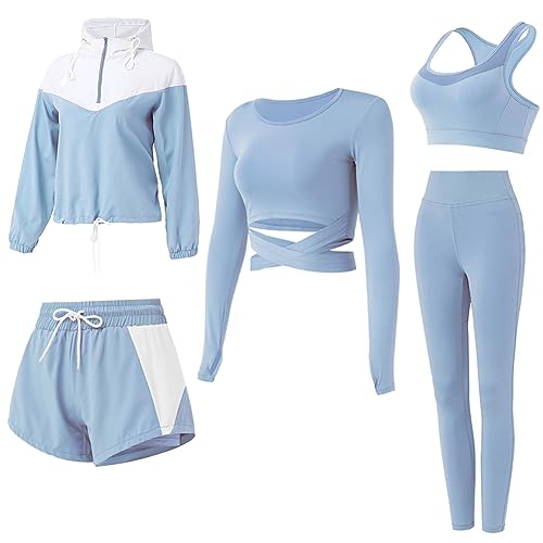 BOTRE Damen Traingsanzug Yoga Kleidung Anzug 5er-Set Sportanzüge Jogginganzug Gym Fitness Kleidung Laufbekleidung Sport Yoga Outfit Damen BH Leggings Set (Blau 03, XL) von BOTRE