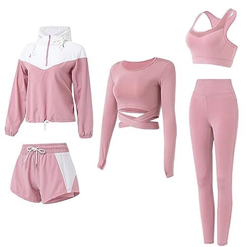 BOTRE Damen Traingsanzug Yoga Kleidung Anzug 5er-Set Sportanzüge Jogginganzug Gym Fitness Kleidung Laufbekleidung Sport Yoga Outfit Damen BH Leggings Set (Rosa 03, XL) von BOTRE