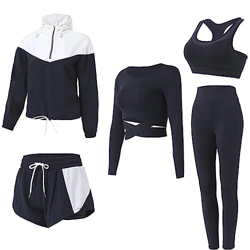 BOTRE Damen Traingsanzug Yoga Kleidung Anzug 5er-Set Sportanzüge Jogginganzug Gym Fitness Kleidung Laufbekleidung Sport Yoga Outfit Damen BH Leggings Set (Schwarz 03, S) von BOTRE