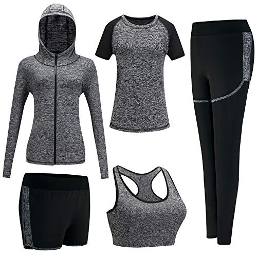 BOTRE Damen Traingsanzug Yoga Kleidung Anzug 5er-Set Sportanzüge Jogginganzug Gym Fitness Kleidung Laufbekleidung Sportswear Sport Yoga Outfit Damen BH Leggings Set (#Grau-schwarz, Small) von BOTRE