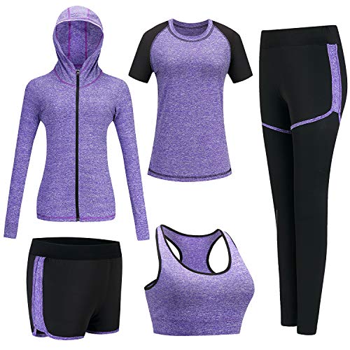 BOTRE Damen Traingsanzug Yoga Kleidung Anzug 5er-Set Sportanzüge Jogginganzug Gym Fitness Kleidung Laufbekleidung Sportswear Sport Yoga Outfit Damen BH Leggings Set (#Lila, Large) von BOTRE