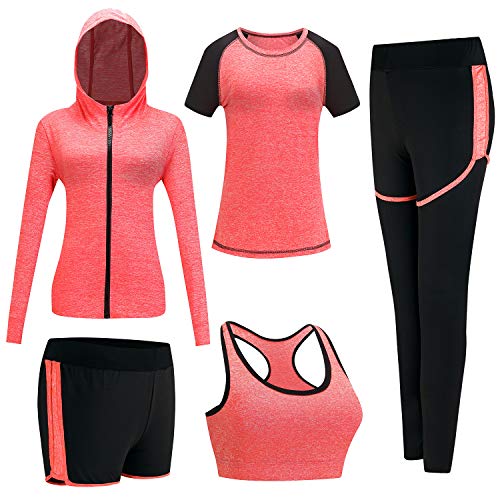 BOTRE Damen Traingsanzug Yoga Kleidung Anzug 5er-Set Sportanzüge Jogginganzug Gym Fitness Kleidung Laufbekleidung Sportswear Sport Yoga Outfit Damen BH Leggings Set (#Orange, Large) von BOTRE