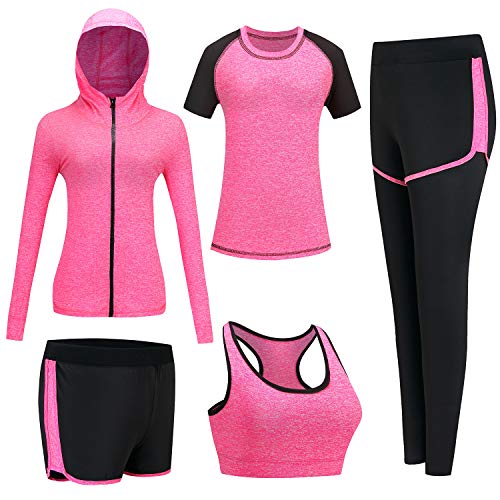 BOTRE Damen Traingsanzug Sport Set 5er-Set Sportanzüge Jogginganzug RHm Fitness Yoga Kleidung Laufbekleidung Sportswear Yoga Outfit Damen BH Leggings Set(Rose, Large) von BOTRE