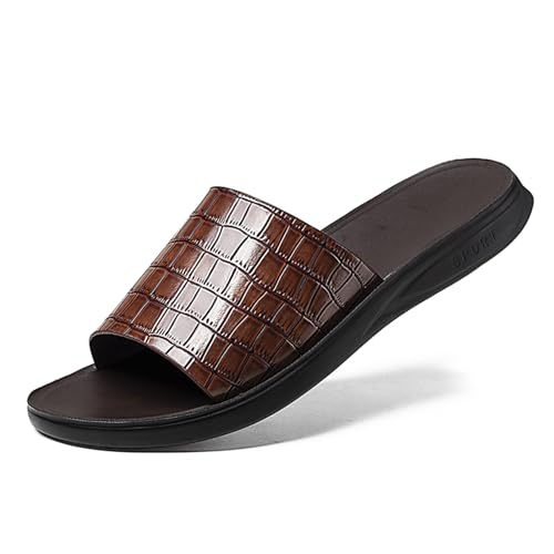 BOTRENT Flache Herren-Sandalen aus echtem Leder, rund, offener Zehenbereich, rutschfest, für den Außenbereich, legere flache Hausschuhe, leicht, Strand, Sommer, Sandalen, Braun, 41 EU von BOTRENT
