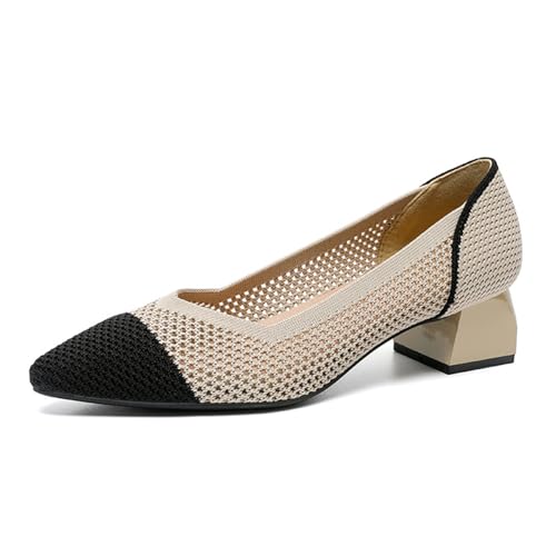Damen Knit Mesh Blockabsatz Pumps Spitz Geschlossene Zehen Mode Spleißen Slip-On Pumps Outdoor Büro Party Kleid Schuhe, Apricot-b, 37.5 EU von BOTRENT