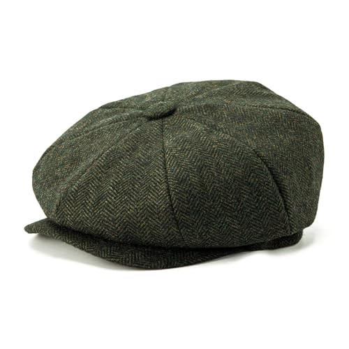 BOTVELA Herren 8 Paneele Wollmischung Newsboy Flat Cap Fischgrätenmuster Tweed Hat, Grün, 57 EU von BOTVELA