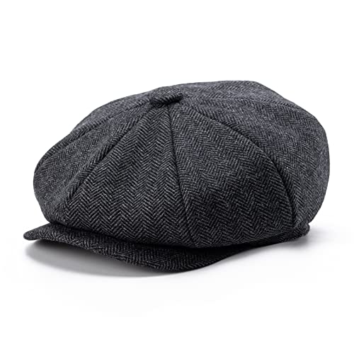 BOTVELA Herren 8-Panel Wollmischung Newsboy Flat Cap Fischgrätmuster-Tweed-Hut, Schwarz, 59 EU von BOTVELA