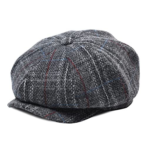 BOTVELA Herren 8 Paneele Wollmischung Newsboy Flat Cap Fischgrätenmuster Tweed Hut, kariert grau, 59 EU von BOTVELA