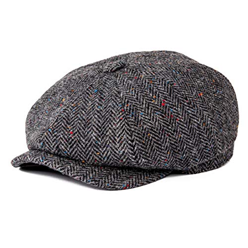 BOTVELA Herren 8 Panel Wollmischung Newsboy Flat Cap Fischgrätenmuster Tweed Hut, Grau meliert, 63 EU von BOTVELA