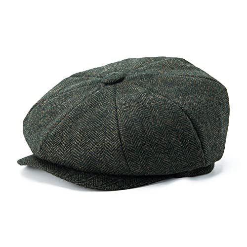 BOTVELA Herren 8-Panel Wollmischung Newsboy Flat Cap Fischgrätmuster-Tweed-Hut, Grün , 61 EU von BOTVELA