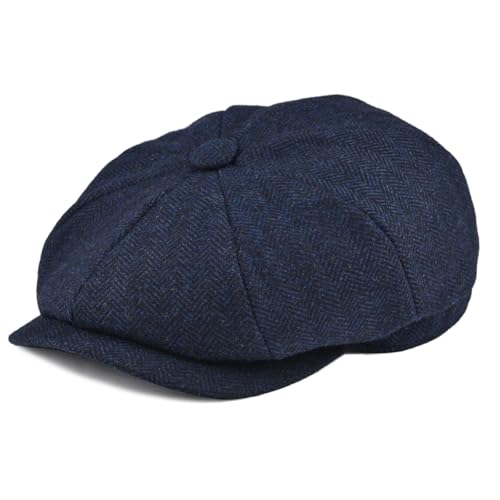 BOTVELA Herren 8-Panel Wollmischung Newsboy Flat Cap Fischgrätmuster-Tweed-Hut, Marineblau, 61 EU von BOTVELA