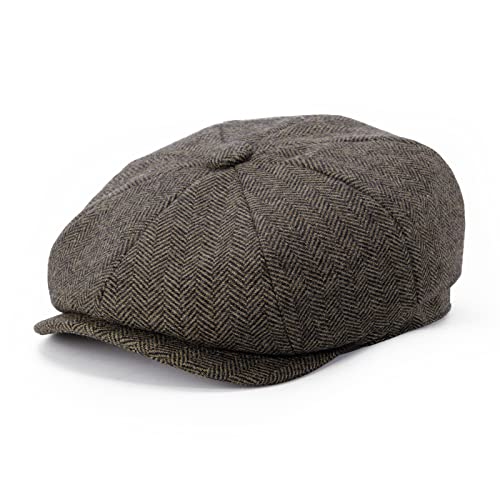 BOTVELA Herren 8-Panel Wollmischung Newsboy Flat Cap Fischgrätmuster-Tweed-Hut, Khaki, 57 EU von BOTVELA