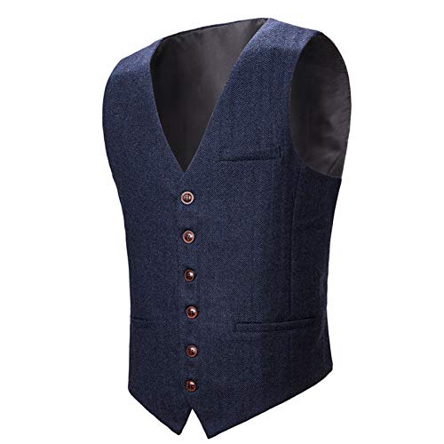 BOTVELA Herren Slim Fit Fischgräten-Tweed Weste Full Back Wollmischung Anzugweste Gr. XL, navy von BOTVELA
