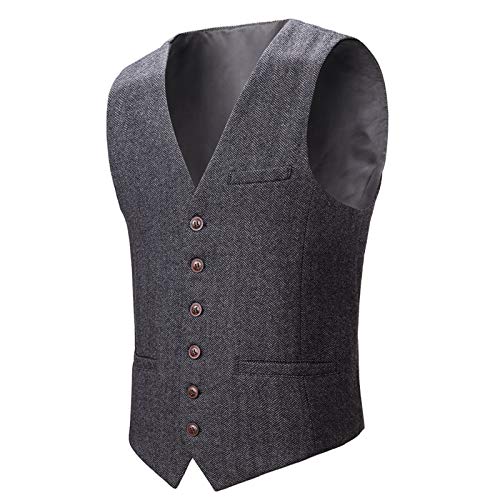 BOTVELA Herren Slim Fit Herringbone Tweed Weste Full Back Wollmischung Anzugweste, dunkelgrau, XL von BOTVELA