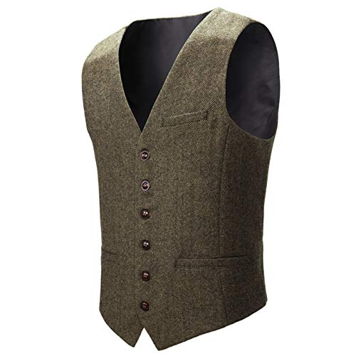 BOTVELA Herren Slim Fit Fischgrätenweste Tweed Weste Full Back Wollmischung Anzugweste, khaki, XL von BOTVELA