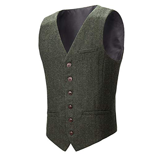 BOTVELA Herren Slim Fit Herringbone Tweed Weste Full Back Wollmischung Anzugweste, armee-grün, L von BOTVELA