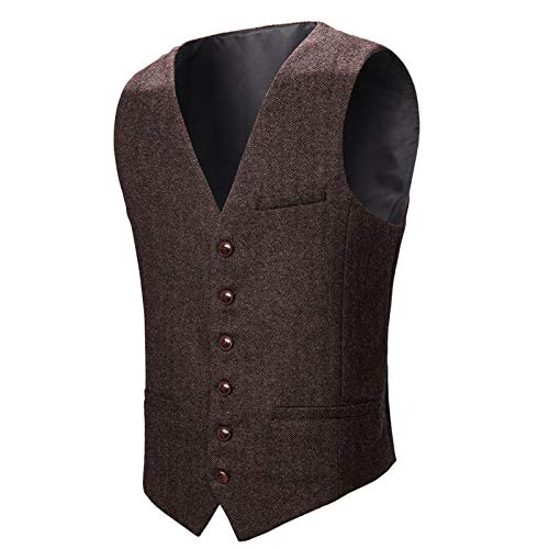 BOTVELA Herren Slim Fit Herringbone Tweed Weste Full Back Wollmischung Anzugweste, coffee, XXXL von BOTVELA