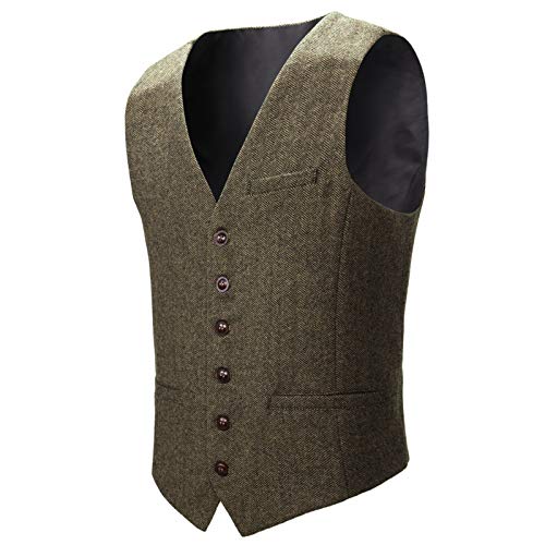BOTVELA Herren Slim Fit Fischgräten-Tweed-Weste, volle Rückseite, Wollmischung, Anzugweste, khaki, XXL von BOTVELA