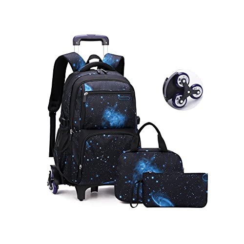 BOUACOUA Trolley Rucksäcke Jungen Schultaschen, Grundschule Trolley Rucksack mit Lunch Tasche Federmäppchen 3-teiliges Schultaschen-Sets für Kinder (Schwarz + Blau) von BOUACOUA