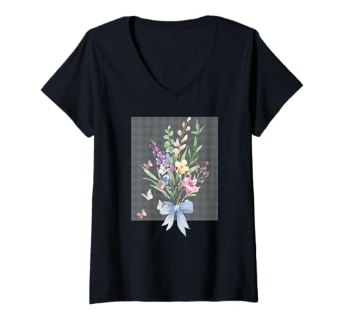 Damen Blumenstrauß für Damen, Kolibirt, Blumen, Aquarell, Blume, Garten T-Shirt mit V-Ausschnitt von BOUQUETS SUMMER FLORALGRAPHIC DESIGNS