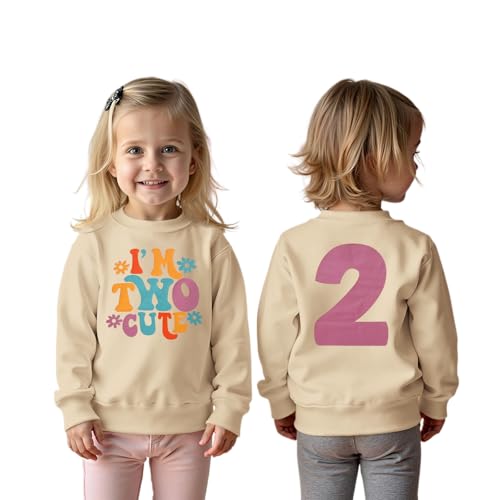 BOUTIKOME 2. Geburtstag Sweatshirt für Mädchen “I'm Two Cute” Drucker Pullover Zweiter Geburtstags Kinder Outfits Schwesterchen Rundhals Langarmshirt Herbst Winter Babykleidung(Apricot,2 Jahre) von BOUTIKOME