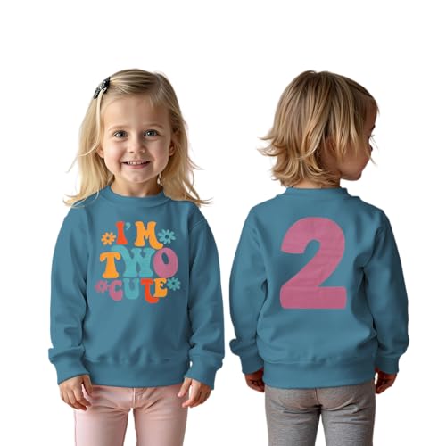 BOUTIKOME 2. Geburtstag Sweatshirt für Mädchen “I'm Two Cute” Drucker Pullover Zweiter Geburtstags Kinder Outfits Schwesterchen Rundhals Langarmshirt Herbst Winter Babykleidung(Blau,2 Jahre) von BOUTIKOME