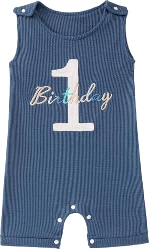 BOUTIKOME Baby Body für Jungen 1. Geburtstag Jumpsuit Neugeborene Strampler Ohne Ärmel Overalls Stickerei Babykleidung Sommer Babybody mit Knöpfe Kleinkind Rundhals Bodys(Blau,1 Jahre) von BOUTIKOME