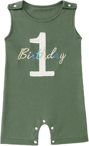 BOUTIKOME Baby Body für Jungen 1. Geburtstag Jumpsuit Neugeborene Strampler Ohne Ärmel Overalls Stickerei Babykleidung Sommer Babybody mit Knöpfe Kleinkind Rundhals Bodys(Grün,1 Jahre) von BOUTIKOME