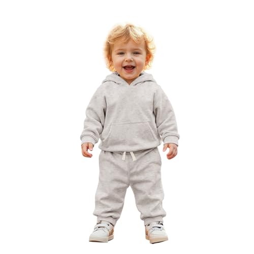 BOUTIKOME Baby Kleidung Jungen Mädchen Outfits Neugeborene Babykleidung Kapuzenpullover und Hose Zweiteiler Set mit Kapuze Warme Weicher Langarmshirt Einfarbig Kinder Hoodie(Blumengrau,18-24Monate) von BOUTIKOME
