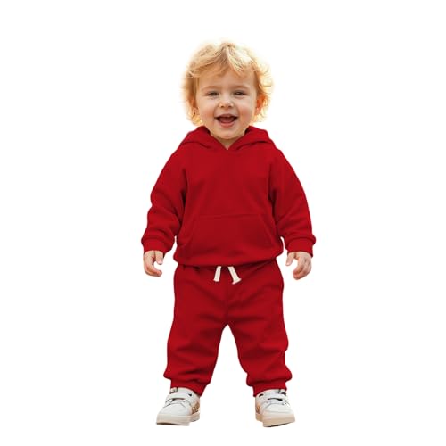 BOUTIKOME Baby Kleidung Jungen Mädchen Outfits Neugeborene Babykleidung Kapuzenpullover und Hose Zweiteiler Set mit Kapuze Warme Weicher Langarmshirt Einfarbig Kinder Hoodie(Rot,2-3Jahre) von BOUTIKOME