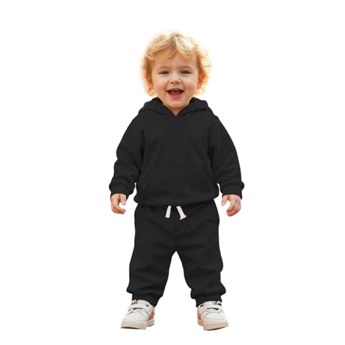 BOUTIKOME Baby Kleidung Jungen Mädchen Outfits Neugeborene Babykleidung Kapuzenpullover und Hose Zweiteiler Set mit Kapuze Warme Weicher Langarmshirt Einfarbig Kinder Hoodie(Schwarz,18-24Monate) von BOUTIKOME