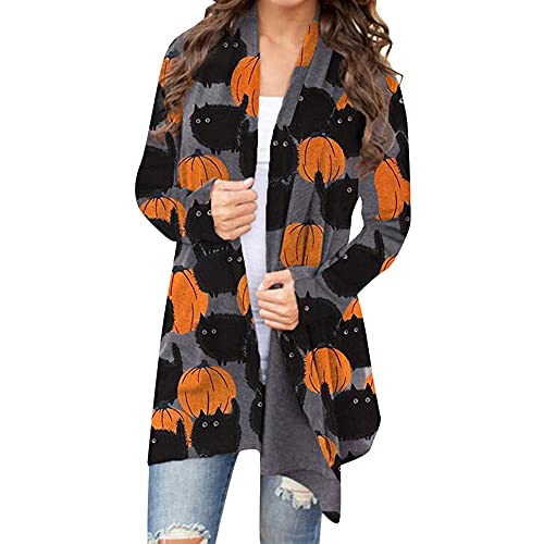 BOUTIKOME Damen Halloween Katze Kürbis Cardigan Langarm Open Front Knit Outwear Mantel Übergröße Strickpullover Top, Dunkelgrau-1, Medium von BOUTIKOME
