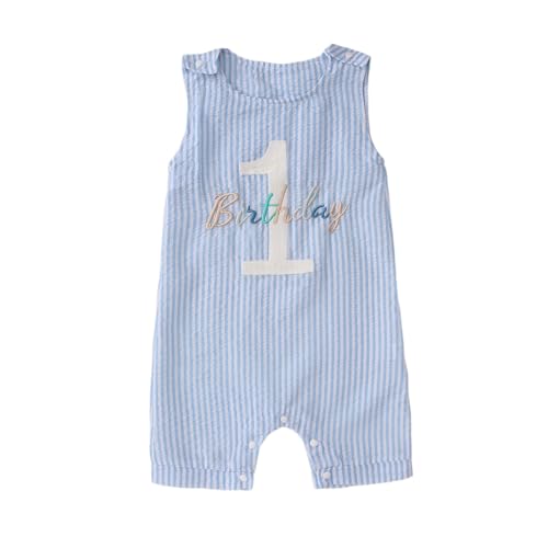 Baby Body für Jungen 1. Geburtstag Jumpsuit Neugeborene Strampler Ohne Ärmel Overalls Stickerei Babykleidung Sommer Babybody mit Knöpfe Kleinkind Rundhals Bodys(Blaue Streifen,1 Jahre) von BOUTIKOME
