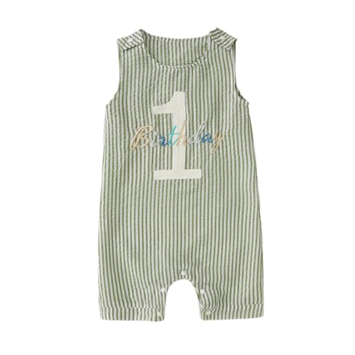 Baby Body für Jungen 1. Geburtstag Jumpsuit Neugeborene Strampler Ohne Ärmel Overalls Stickerei Babykleidung Sommer Babybody mit Knöpfe Kleinkind Rundhals Bodys(Grüne Streifen,1 Jahre) von BOUTIKOME