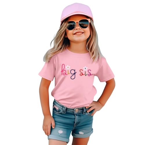 Big Sister Shirt Baby Ankündigung für Mädchen Tshirt mit Big Sis Stickerei Kleinkind Befördert Zu Große Schwester T-Shirt Süßes Bestickt Baumwolle Top Sommer Kurzarm Shirts(Rosa,5-6Jahre) von BOUTIKOME
