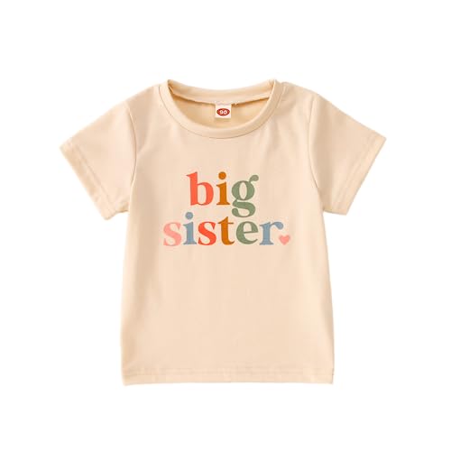 Big Sister T-Shirt Große Schwester Shirt Baby Ankündigung für Mädchen Outfits Sommer Kurzarm Tops Befördert zu Big Sister Tees Süßes Rundhals Tshirt Baumwolle Hemd(Apricot,12-18Monate) von BOUTIKOME