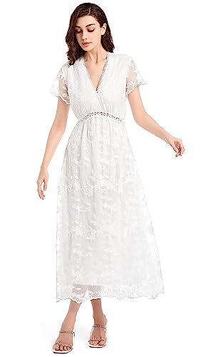 BOUTIKS Blumenspitze Hochzeitskleid für Damen mit Kurzen Ärmeln, Tiefer V-Ausschnitt Maxikleid, Cocktail und Abendkleid Weiß für Brautjungfern und Partys, M von BOUTIKS