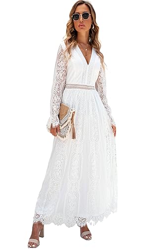 BOUTIKS Blumenspitze Hochzeitskleider für Damen, Tiefer V-Ausschnitt Maxikleid Damen, Cocktail und Abendkleid Weiß Damen Maxikleid für Brautjungfern und Partys, Lange Ärmel von BOUTIKS