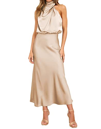 BOUTIKS Damen Satin Cocktail Party Kleid Ärmellos Neckholder Elegant Lang Schlank Abendkleider von BOUTIKS